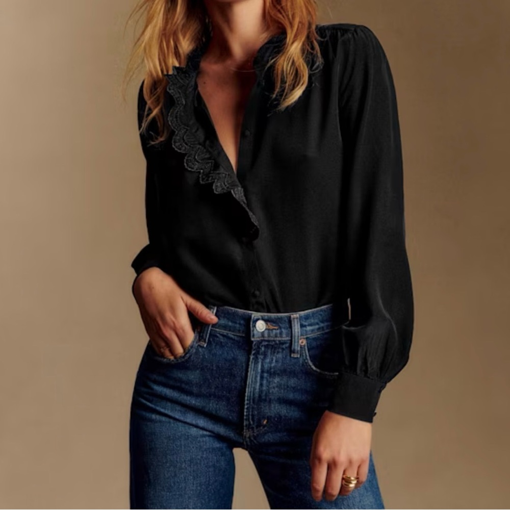 Sezane Black Ruffled V-Neck Button-Front Blouse
